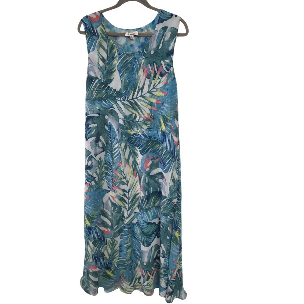 Vintage 90s Serengeti Tropical Leaf Maxi Dress XL Resort Vacation Beach‎